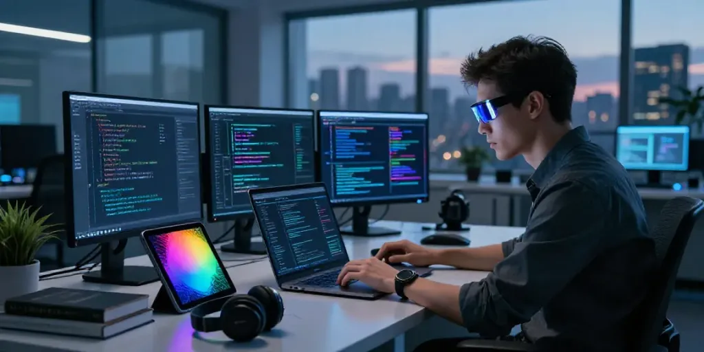 Data scientist analyzing AI content generation software in a modern tech workspace.