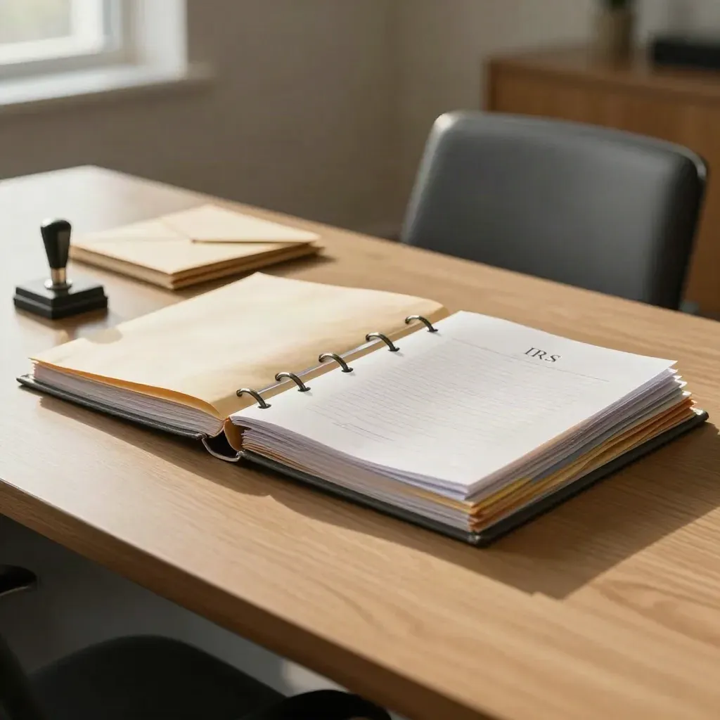 Boardroom table with IRS-ready binders, archival envelopes, and a stamp pad in soft window light.