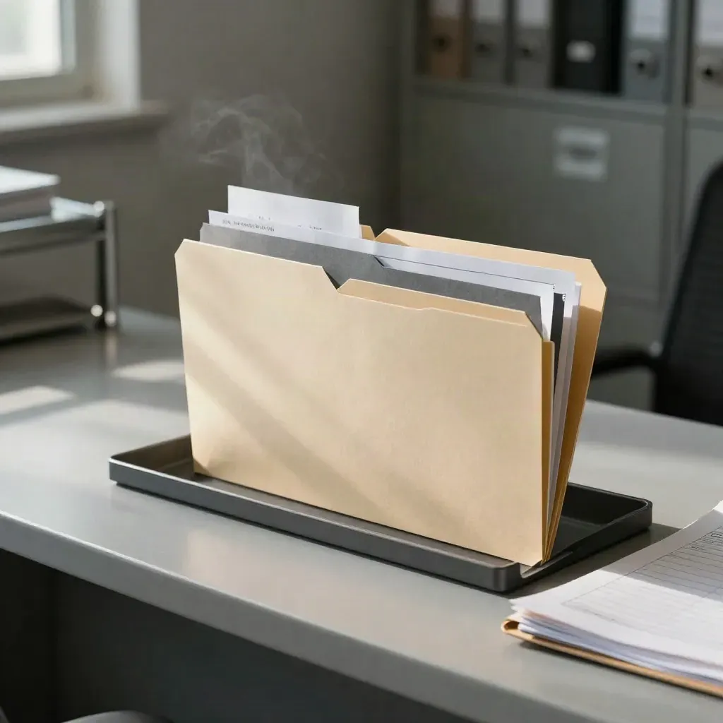 Payroll folder with clipped envelopes and archive tray on a ministry office counter.