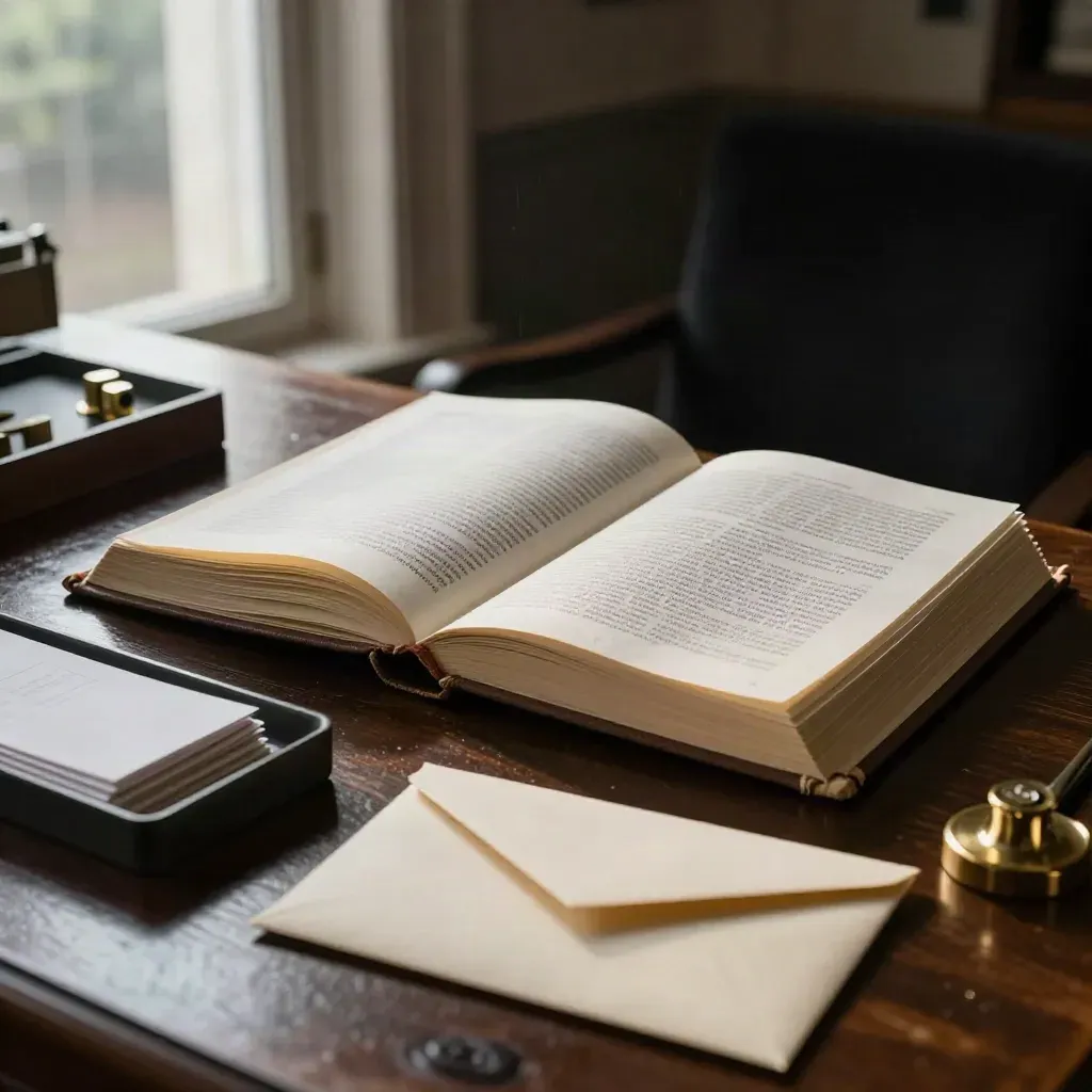 Rain-dark church bookkeeping still life with ledger binder, envelopes, tray, and brass clip on oak.