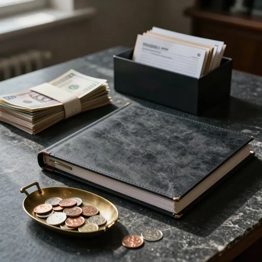 Cash summary binder, coin tray, bills, and receipt box on a dark stone table