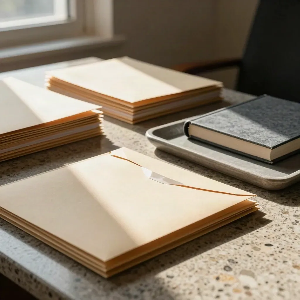 Restricted-fund folders, bank envelopes, and stone ledger book neatly separated on a travertine desk.