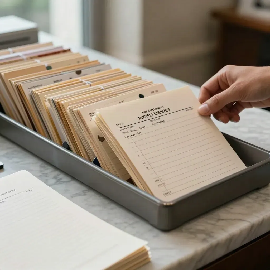 Deposit slips and source-note cards slide into a filing tray on a marble counter in soft daylight.