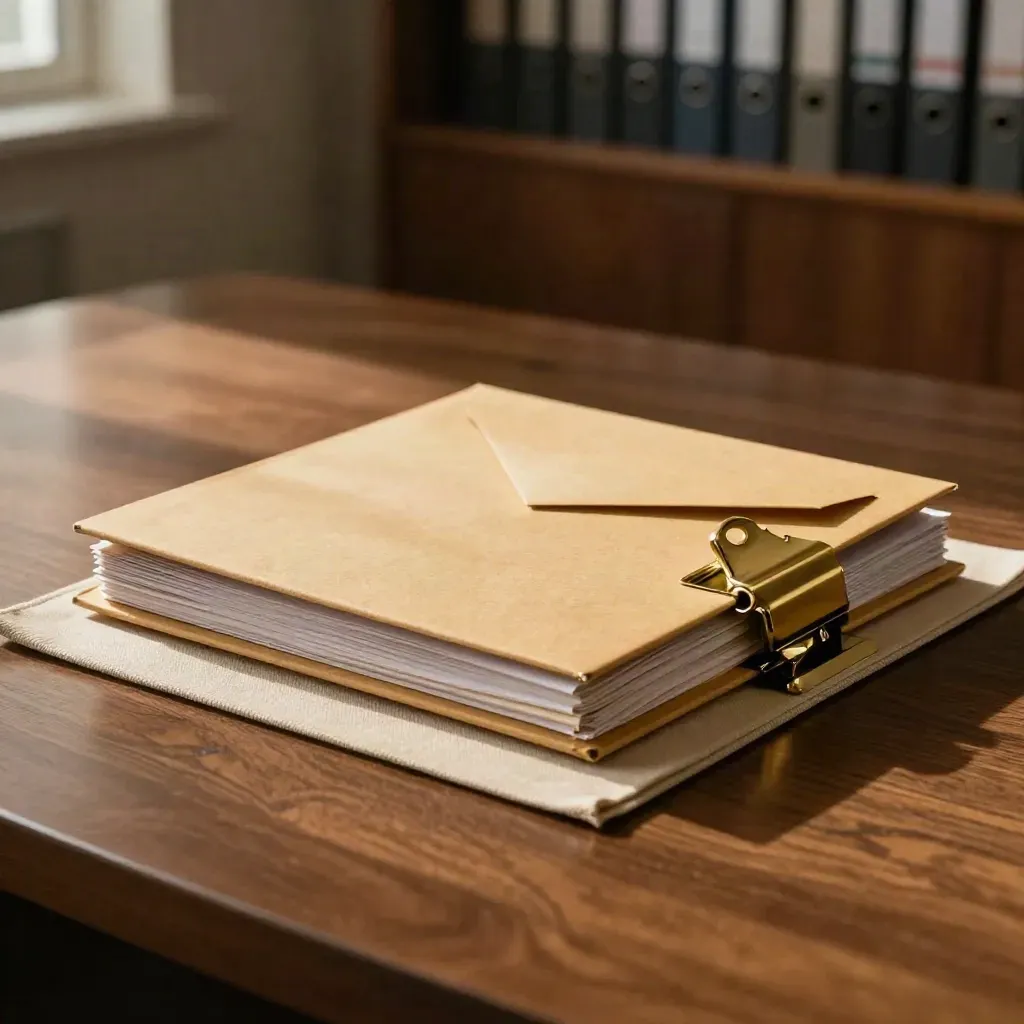 Payroll folder stack with housing envelope, brass clip, and linen mat on a walnut table.