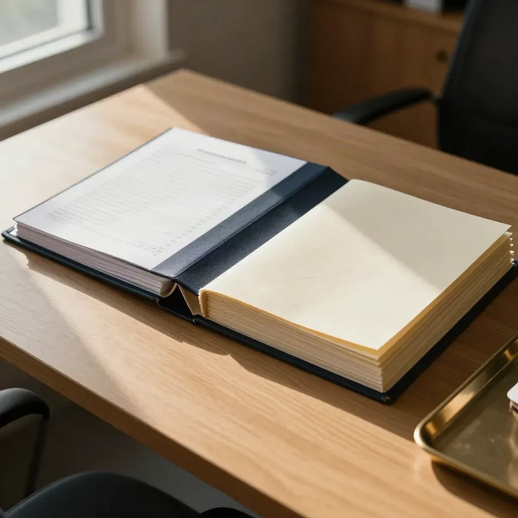 Month-end close binder, reconciliation tray, and report folder on a pale wood worktable in soft morning light.