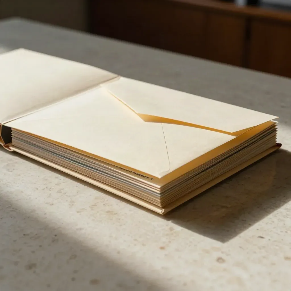 Macro of a pastor report folder, bank-tie envelope, and fund notes on a travertine conference table.