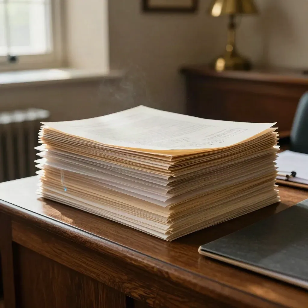 Giving report pages, deposit sleeves, and a slate clipboard settling on a sunlit ministry credenza.