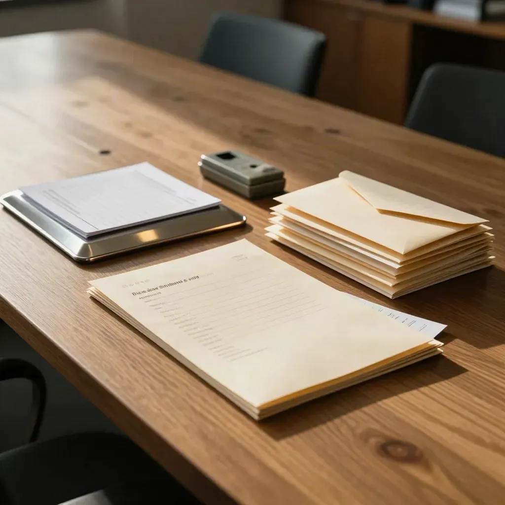Folder, check tray, and open envelopes on a ministry meeting table in soft daylight.