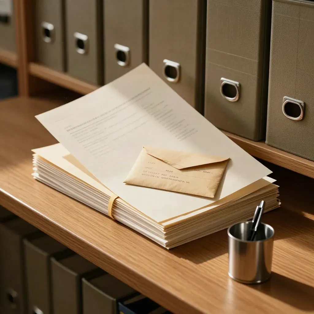 Payroll packet sliding into archive row beside housing notes, year-end file, and a pen cup.