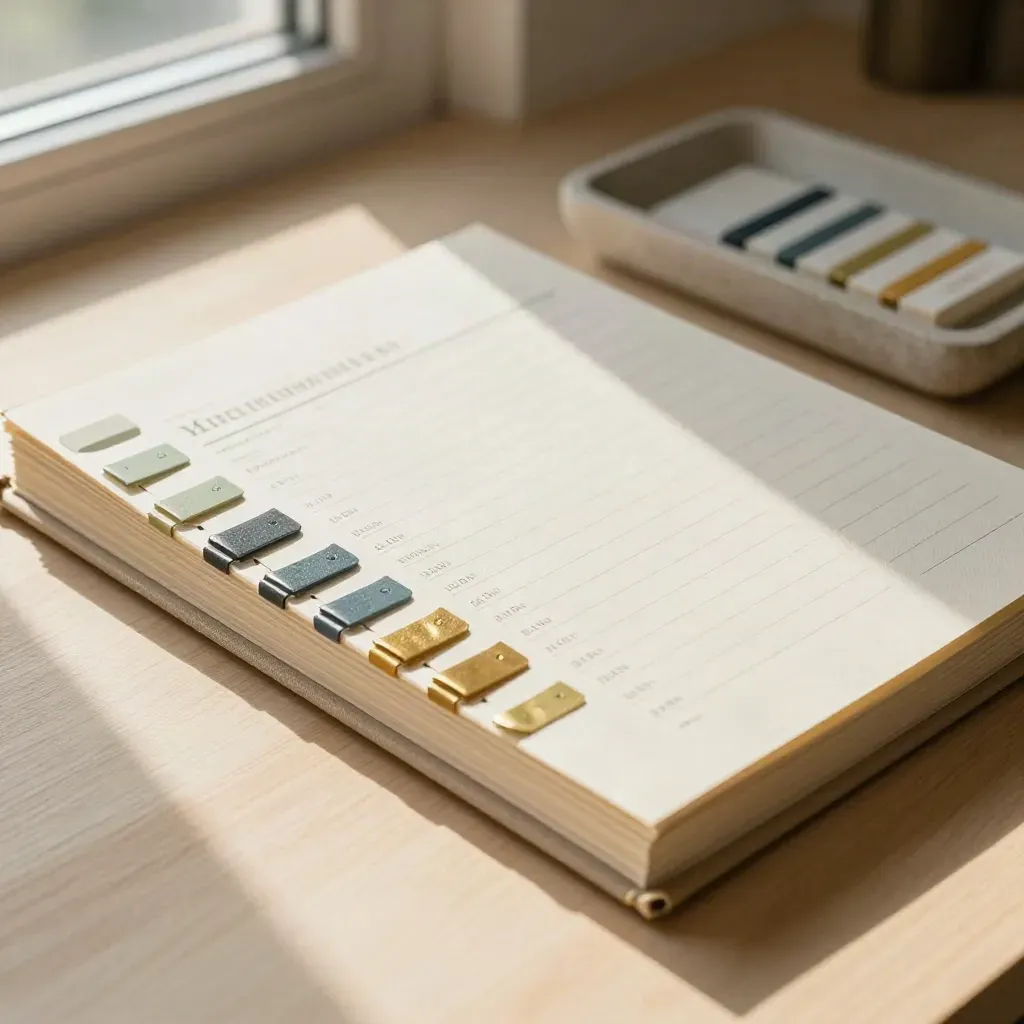 Top-down ledger binder with colored tabs and stone tray on pale wood in warm window light.