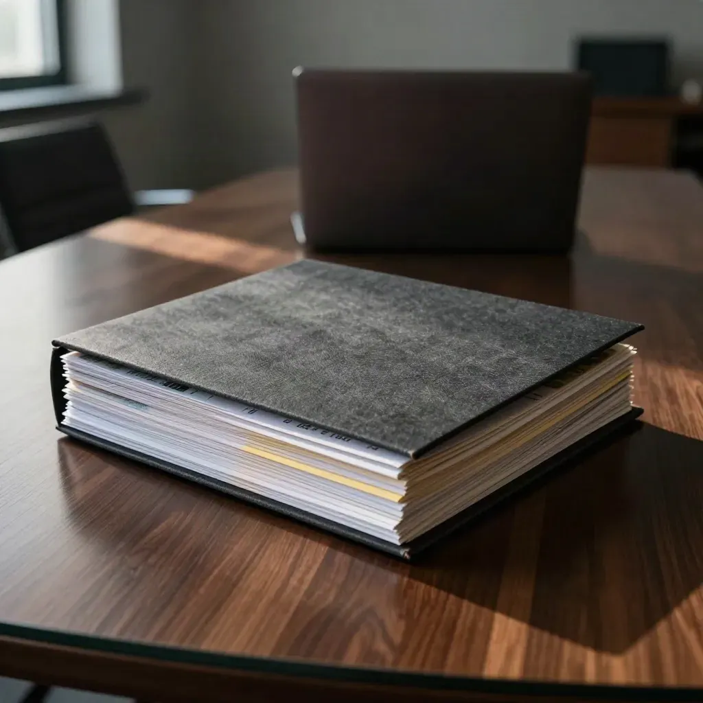 Moody conference room stack of budget review folders with cash cards and a blurred laptop.