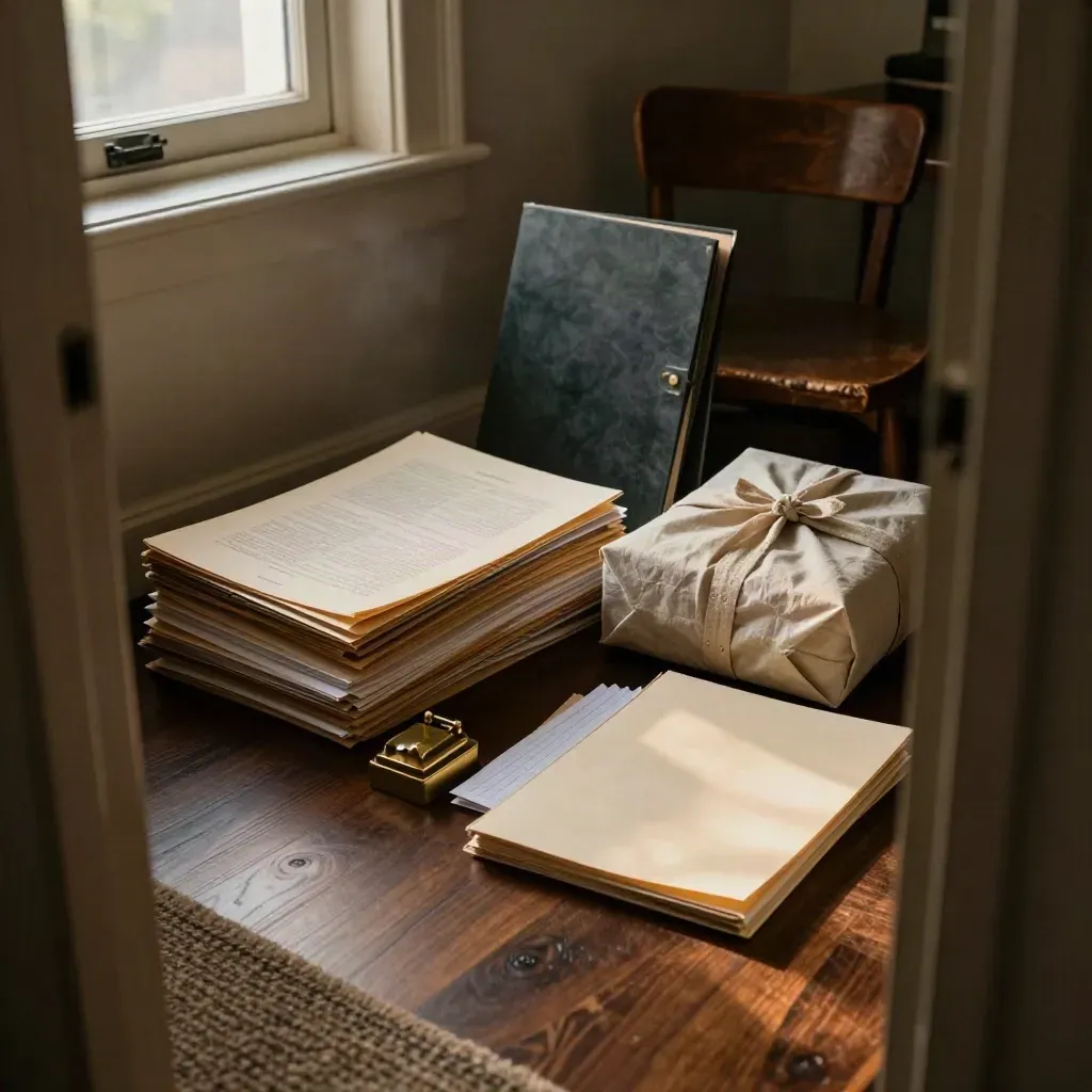 Board report folders and linen-wrapped packets beside a chair in warm late-afternoon light.