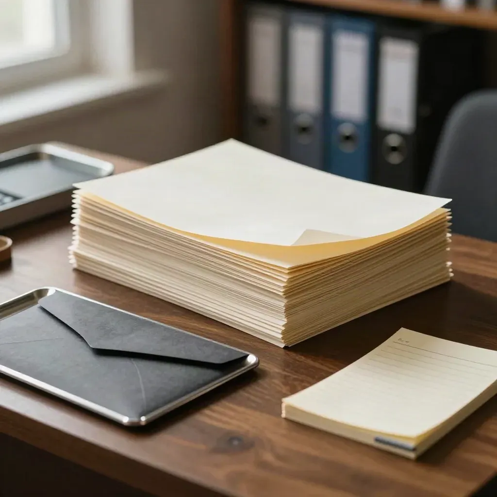 Stacked church finance files, bank envelope, and reconciliation tray in motion on a desk.