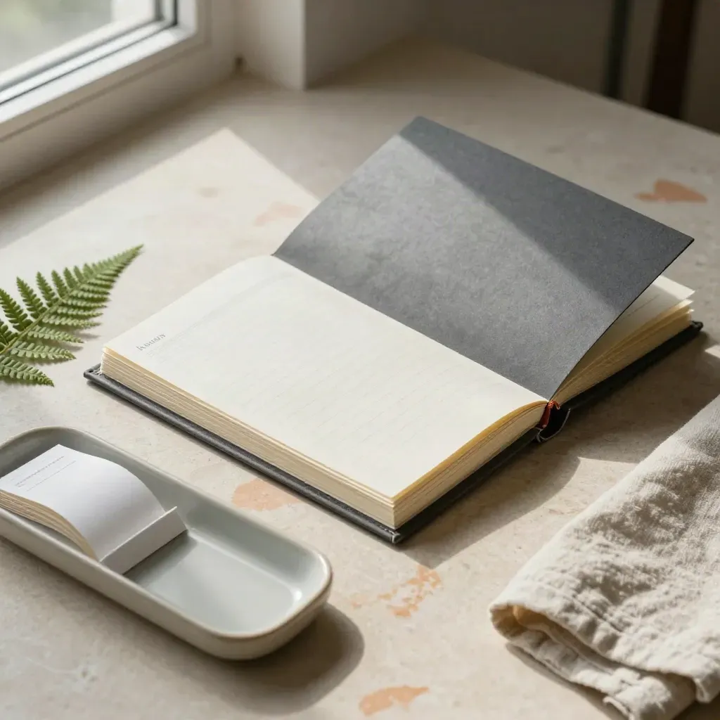 Opened donation ledger binder with tray, fern, linen, and ceramic dish on stone.