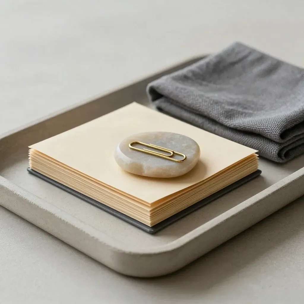 Payroll folders, brass paperclips, folded cloth and stone dish on a concrete tray in soft side light.