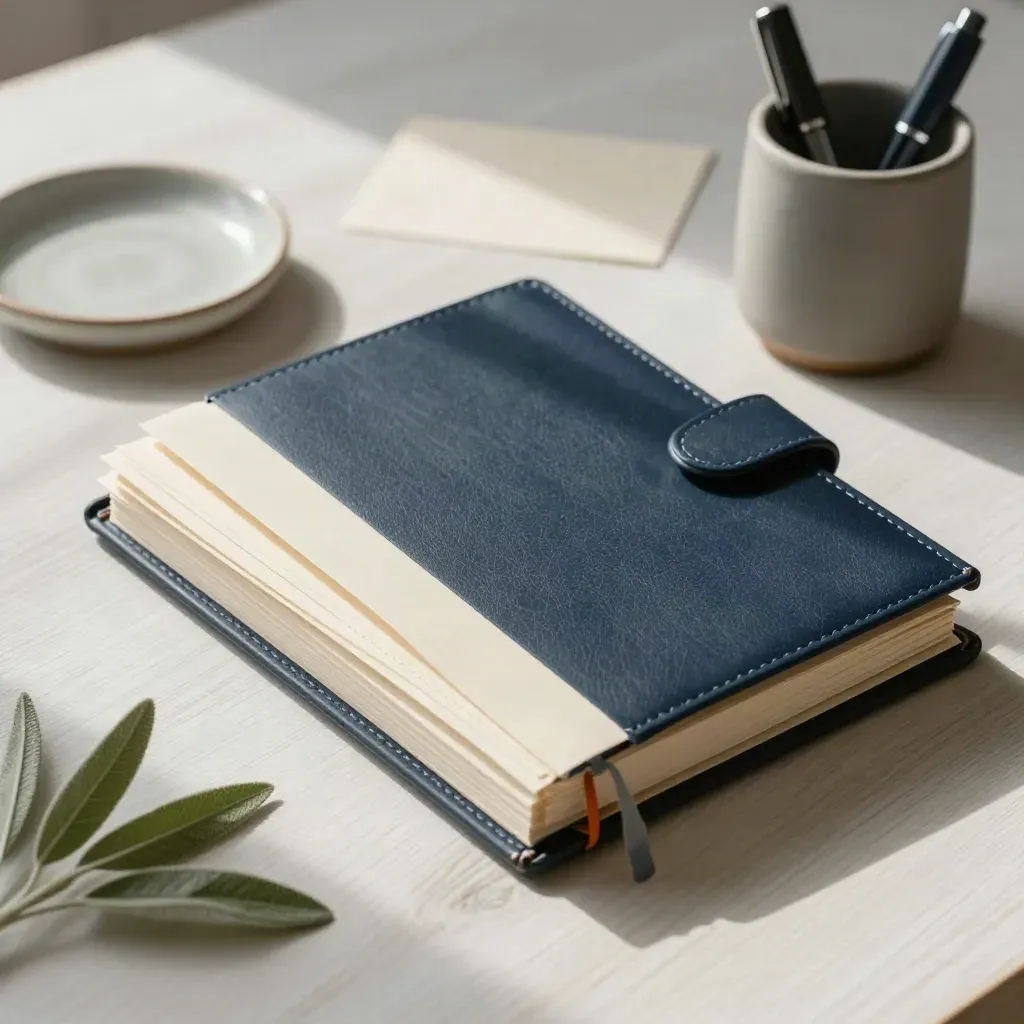 Ledger binder, pen cup, dish, and sprig on a pale wood desk in soft daylight.