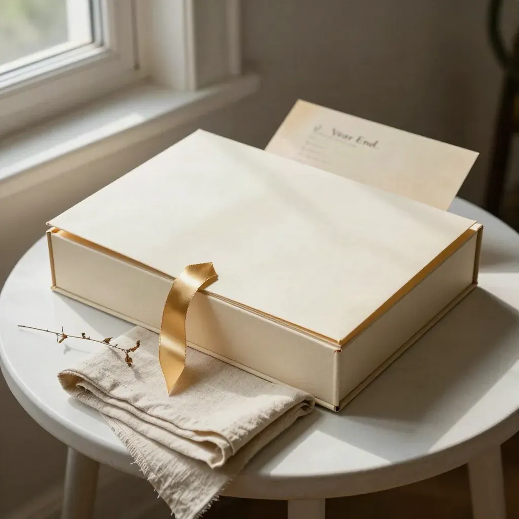 Open archival folder box with ribbon tie, linen cloth, and dried stem on a pale plaster side table.